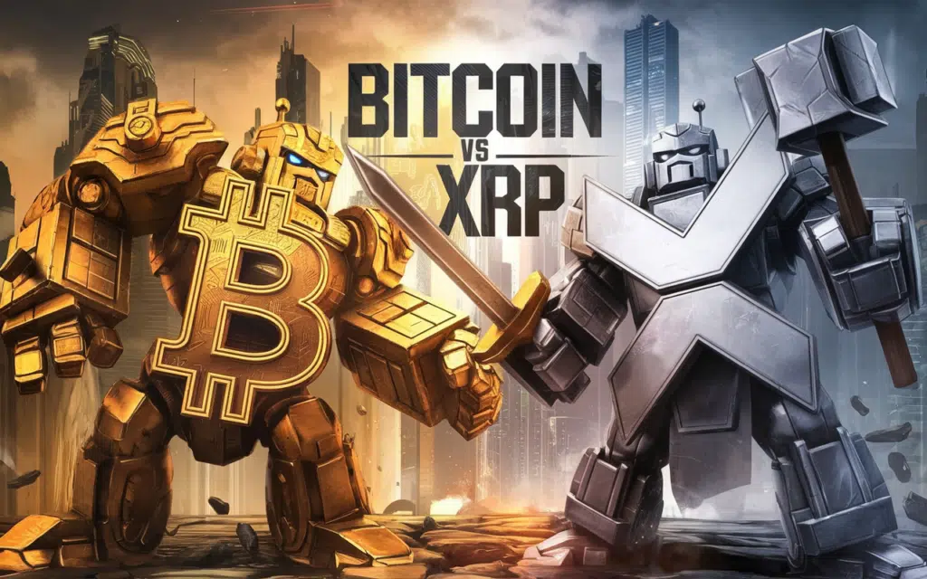 Confrontation entre Bitcoin et XRP dans un paysage futuriste.