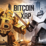 Confrontation entre Bitcoin et XRP dans un paysage futuriste.
