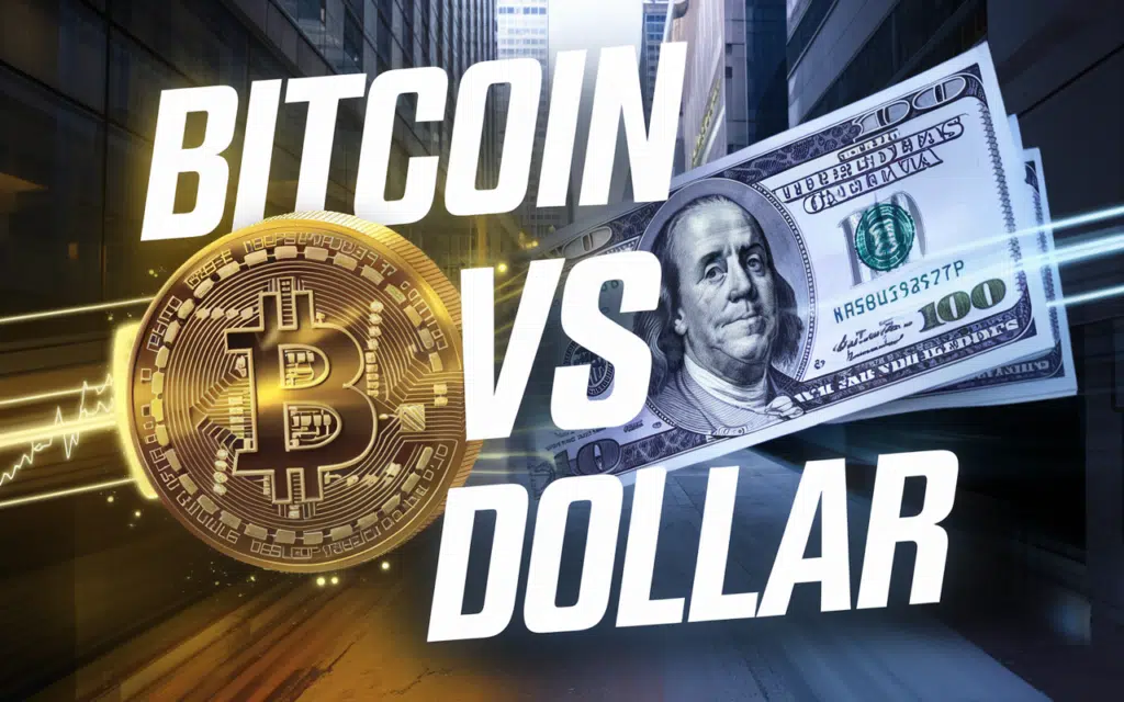 Conceptual battle between Bitcoin and Dollar with graphic elements.