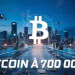 Paysage numérique futuriste avec symbole Bitcoin à 700 000 $