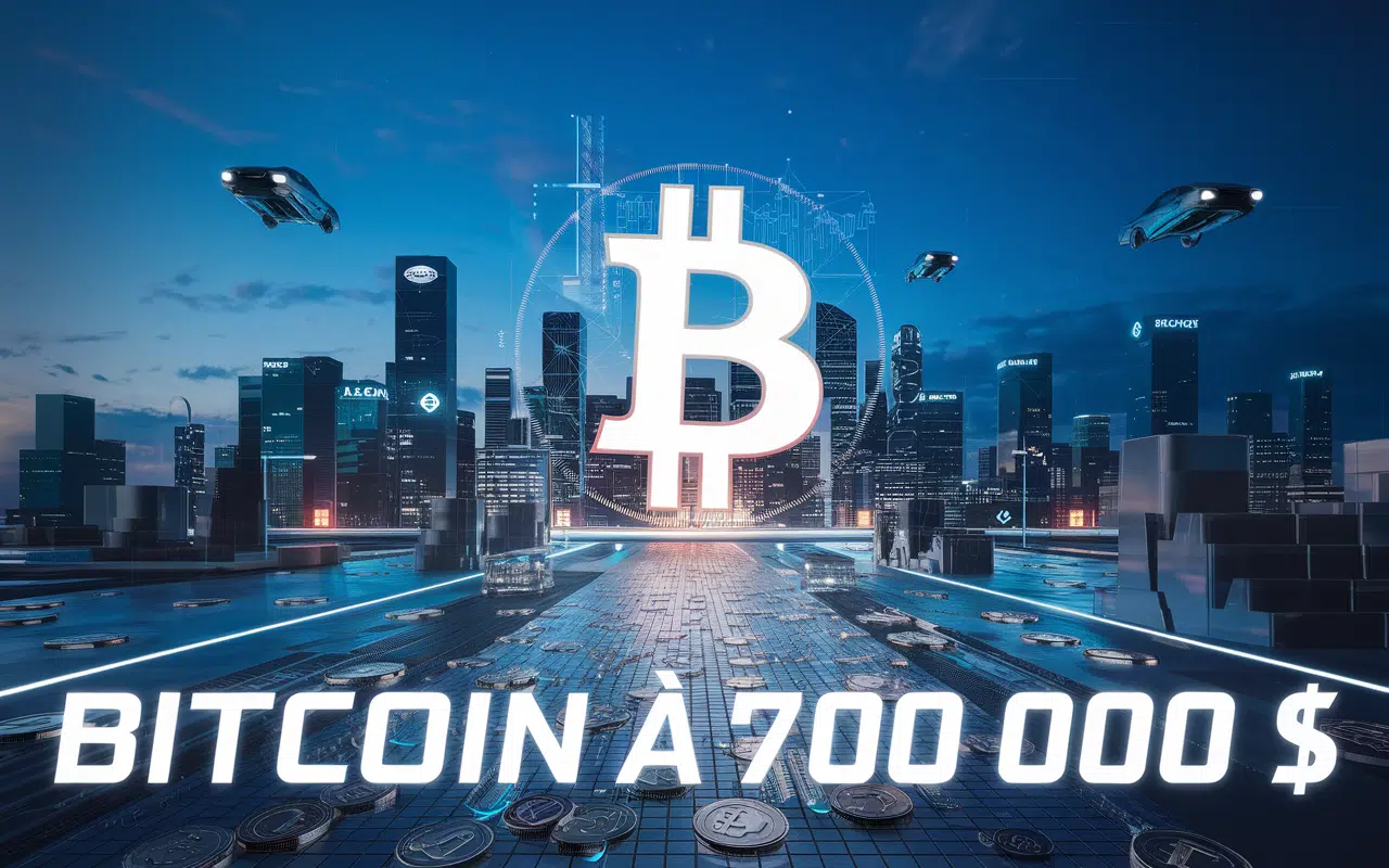 Paysage numérique futuriste avec symbole Bitcoin à 700 000 $