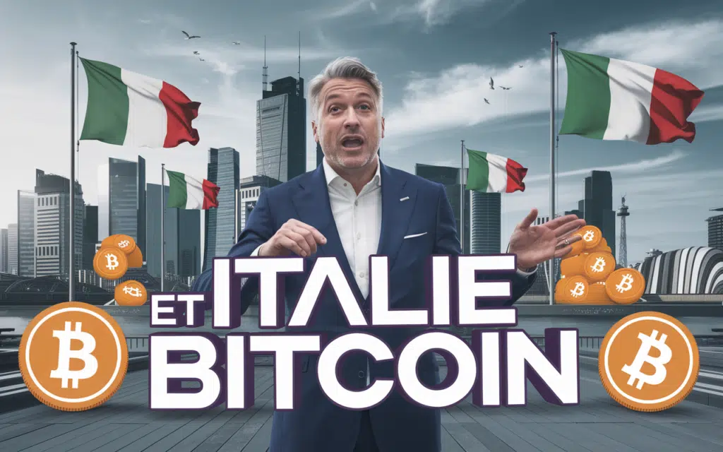 Député italien pousse pour investissements bancaires en Bitcoin avec skyline futuriste et symboles