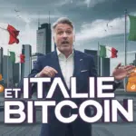 Député italien pousse pour investissements bancaires en Bitcoin avec skyline futuriste et symboles