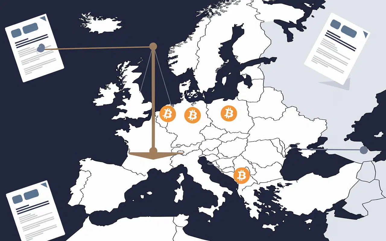 Symbol representing MiCA regulation impact in Europe with digital currency symbols.