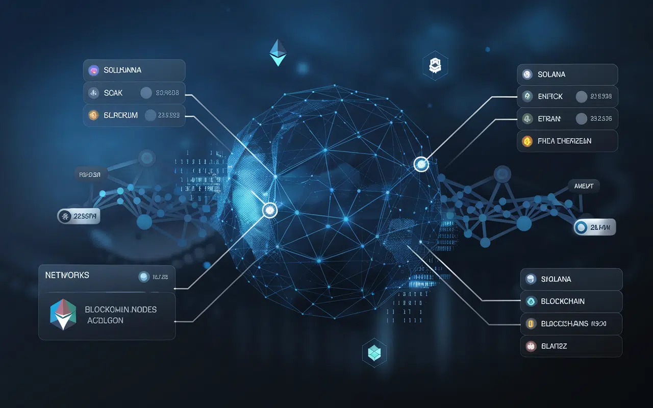 Interface numérique avec des blockchains interconnectées, incluant Solana, Ethereum, et Polygon.