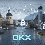 Futuristic European landscape with OKX and digital blockchain elements.