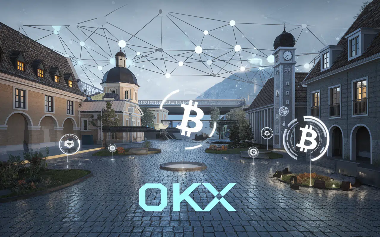 Futuristic European landscape with OKX and digital blockchain elements.