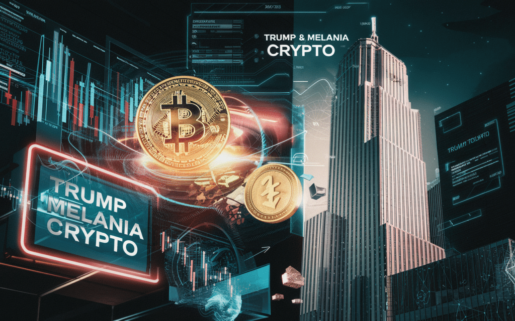 Futuristic digital world with TRUMP & MELANIA CRYPTO highlighted