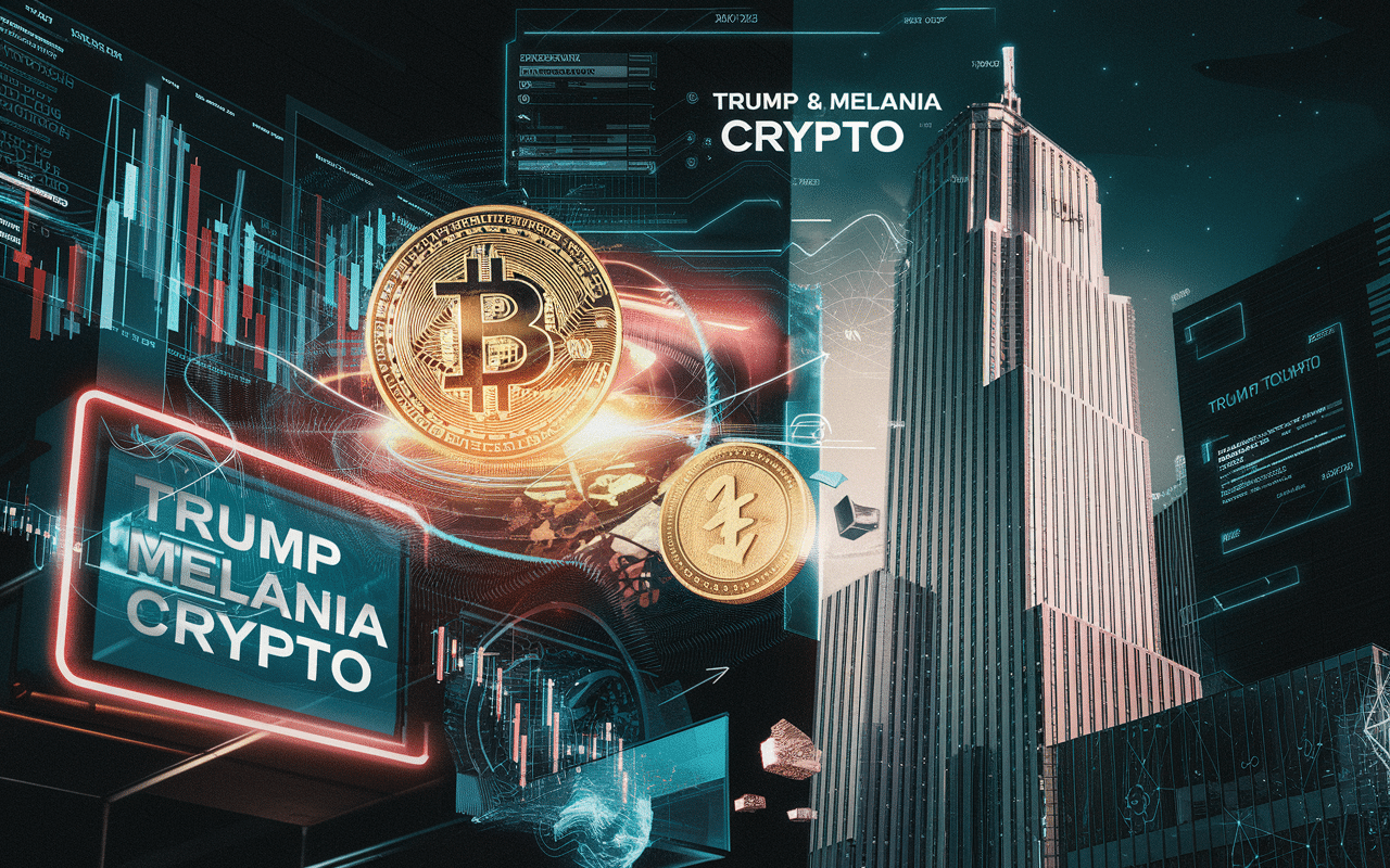 Futuristic digital world with TRUMP & MELANIA CRYPTO highlighted