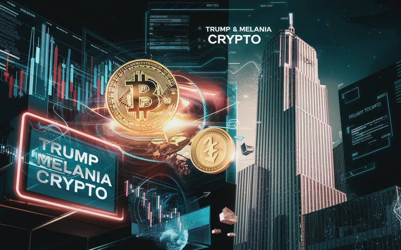 Futuristic digital world with TRUMP & MELANIA CRYPTO highlighted