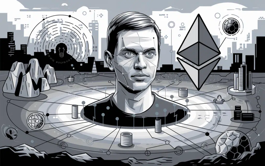 Vitalik Buterin portrait in Ethereum landscape with blockchain nodes