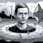 Vitalik Buterin portrait in Ethereum landscape with blockchain nodes