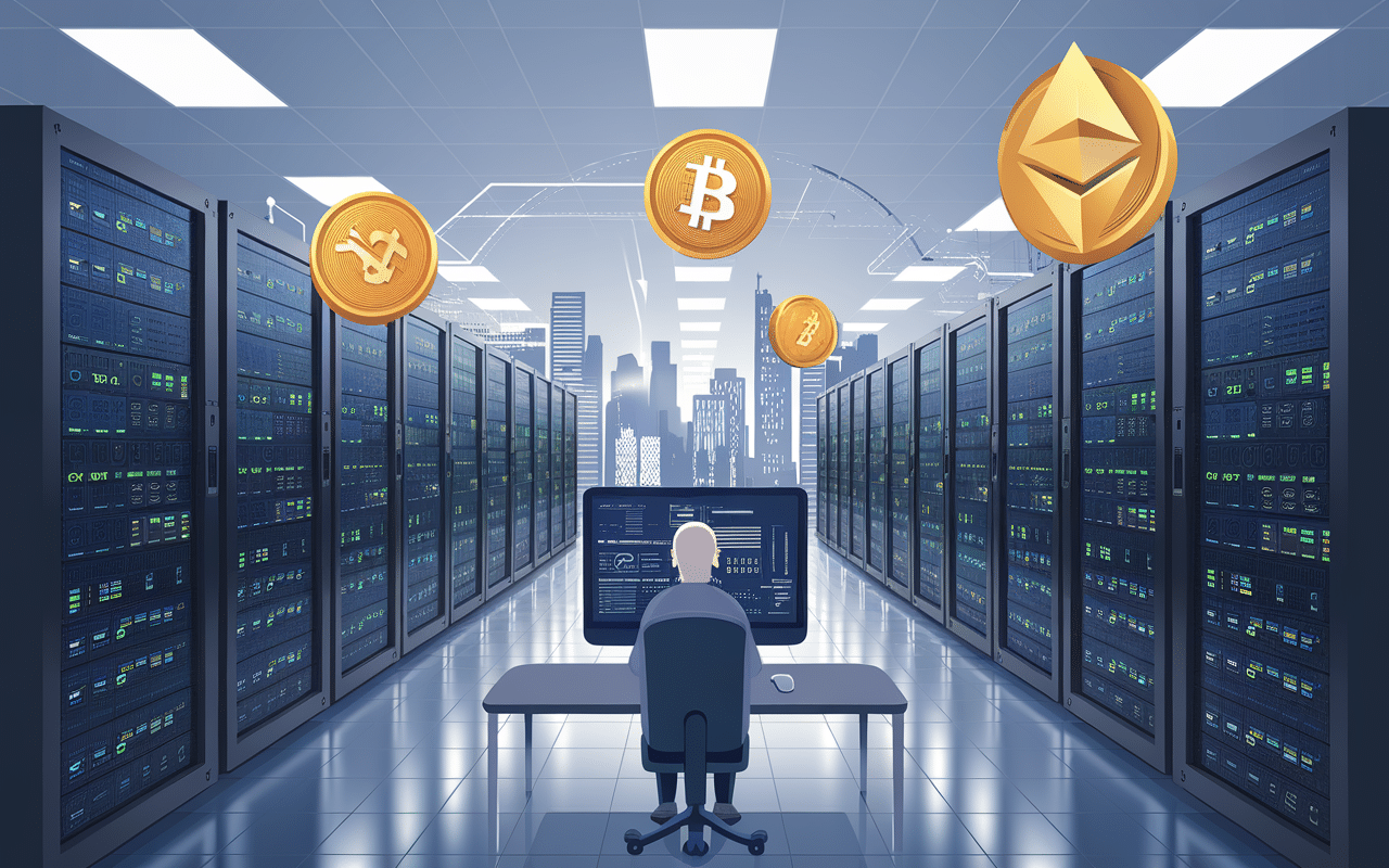 Représentation des avantages du cloud mining avec serveurs et crypto-monnaies