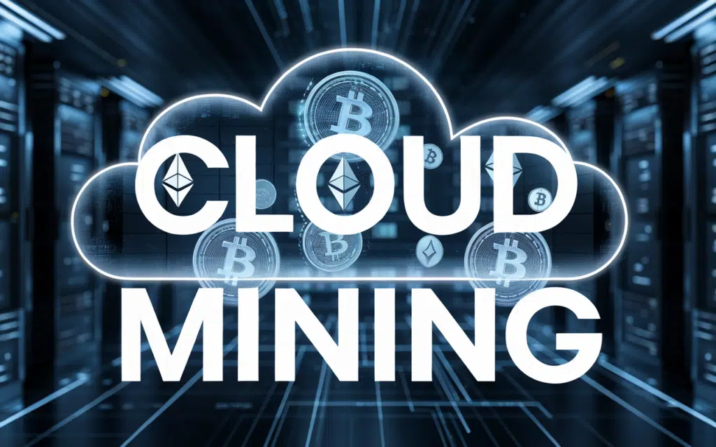 Cloud mining concept with Bitcoin and Ethereum symbols in a digital background