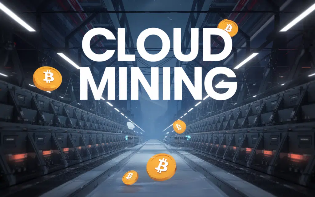 Futuristic depiction of cloud mining with digital farming and Bitcoin symbols