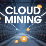 Futuristic depiction of cloud mining with digital farming and Bitcoin symbols