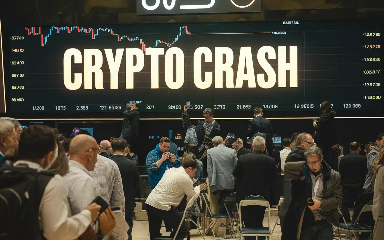 Scène de marché chaotique avec affichage 'Crypto Crash' et investisseurs inquiets