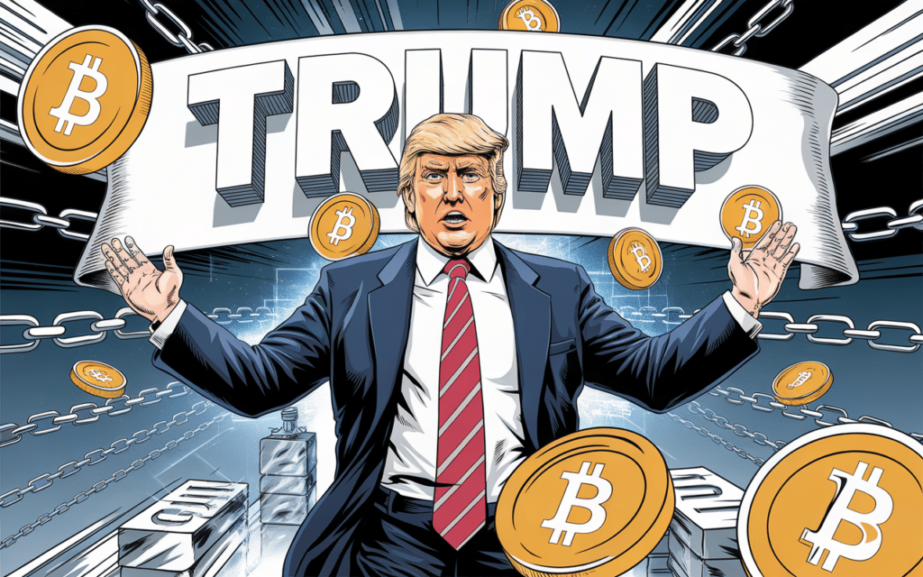 Illustration de Donald Trump lançant le memecoin TRUMP sur la blockchain Solana.
