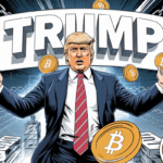 Illustration de Donald Trump lançant le memecoin TRUMP sur la blockchain Solana.