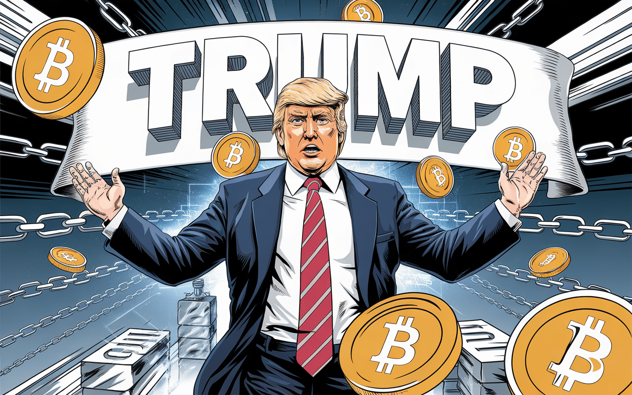 Illustration de Donald Trump lançant le memecoin TRUMP sur la blockchain Solana.