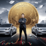 Elon Musk et l'influence sur Dogecoin dans un cadre futuriste.