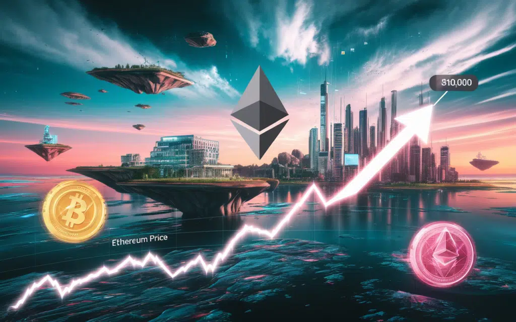 Futuristic landscape illustrating Ethereum reaching $10,000 with vibrant crypto visuals.