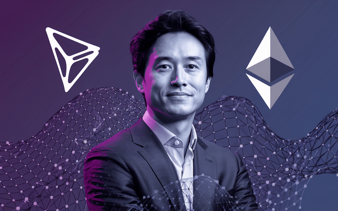 Portrait of Justin Sun with blockchain patterns and logos.