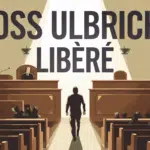 Illustration de Ross Ulbricht libéré avec un texte 'ROSS ULBRICHT LIBÉRÉ' en arrière-plan de la salle d'audience.