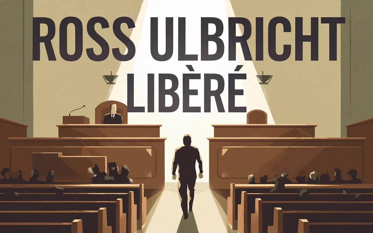 Illustration de Ross Ulbricht libéré avec un texte 'ROSS ULBRICHT LIBÉRÉ' en arrière-plan de la salle d'audience.