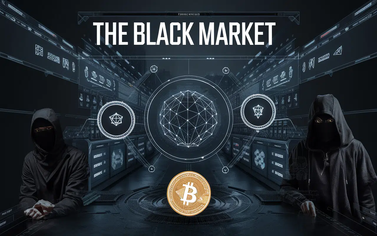 Composition numérique du marché noir Silk Road avec des symboles Bitcoin