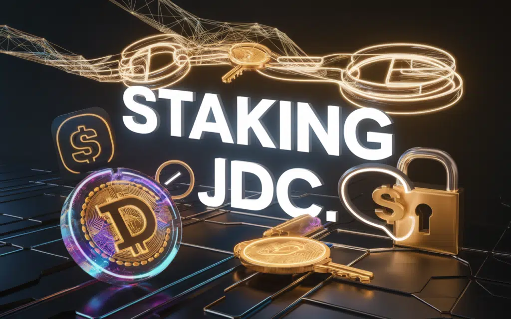 futuristic digital scene representing staking JDC and passive income