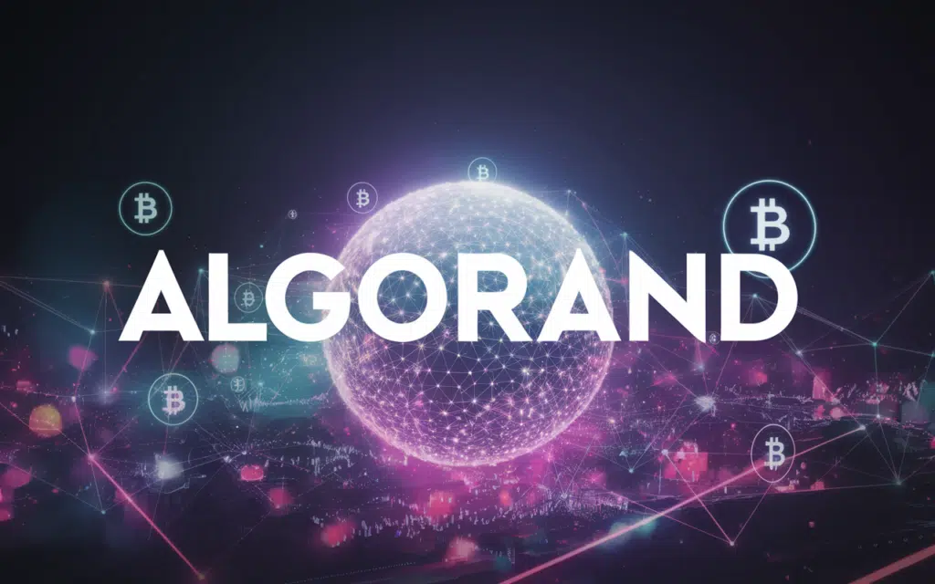 Paysage numérique futuriste avec Algorand et récompenses en temps réel.