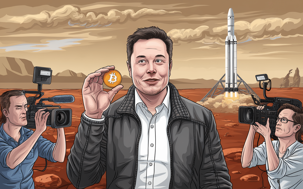 Elon Musk holding Dogecoin with reporters on Mars