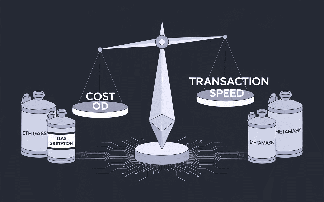 Diagramme montrant une balance entre le coût et la vitesse de transaction, avec des canisters de gaz pour optimiser les transactions Ethereum.