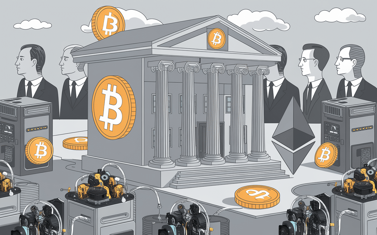 scène montrant une banque entourée de symboles de cryptomonnaies et des régulateurs financiers observant
