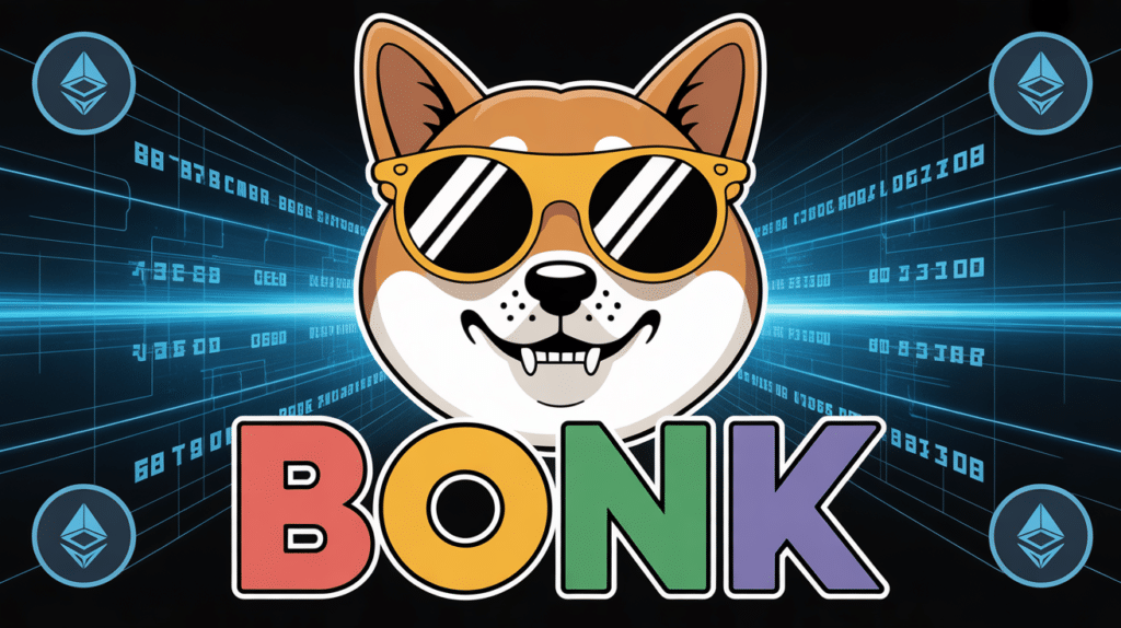 Mascotte Bonk shiba avec lunettes devant blockchain