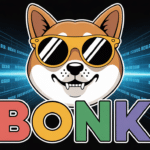 Mascotte Bonk shiba avec lunettes devant blockchain