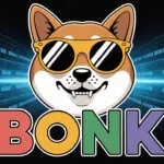 Mascotte Bonk shiba avec lunettes devant blockchain