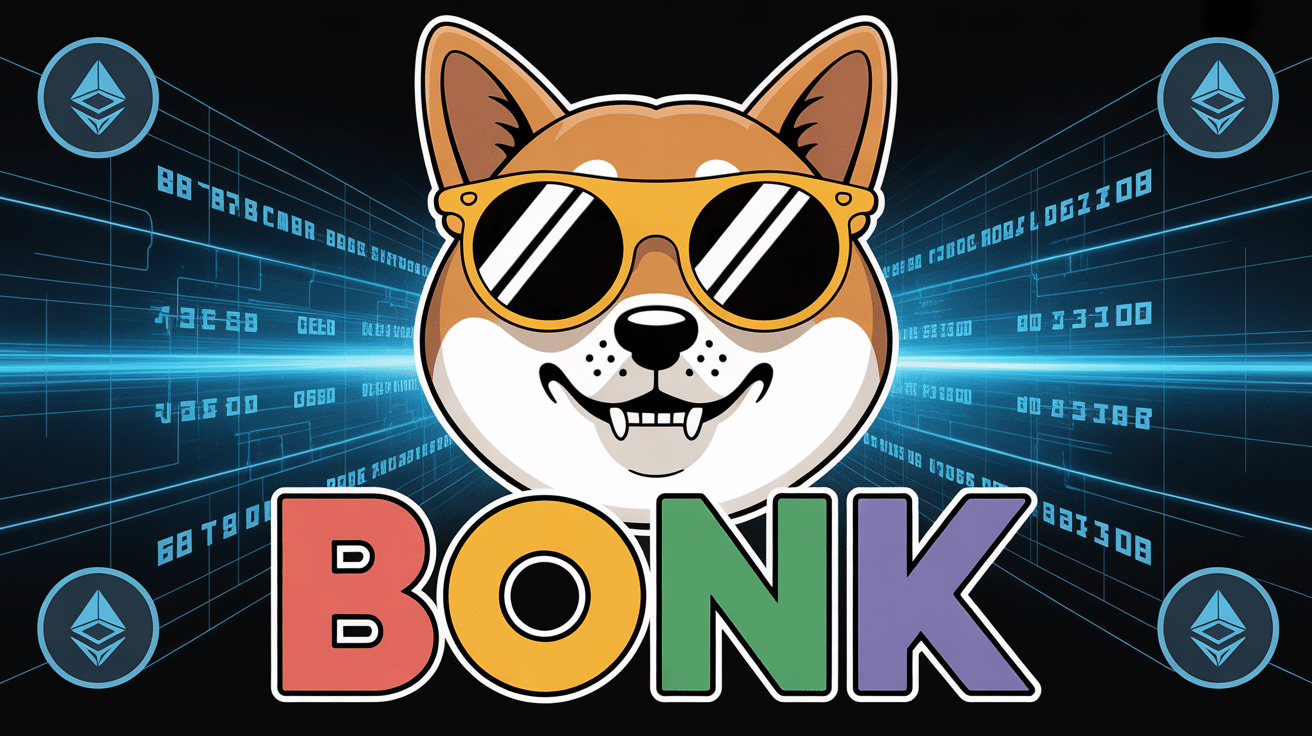 Mascotte Bonk shiba avec lunettes devant blockchain