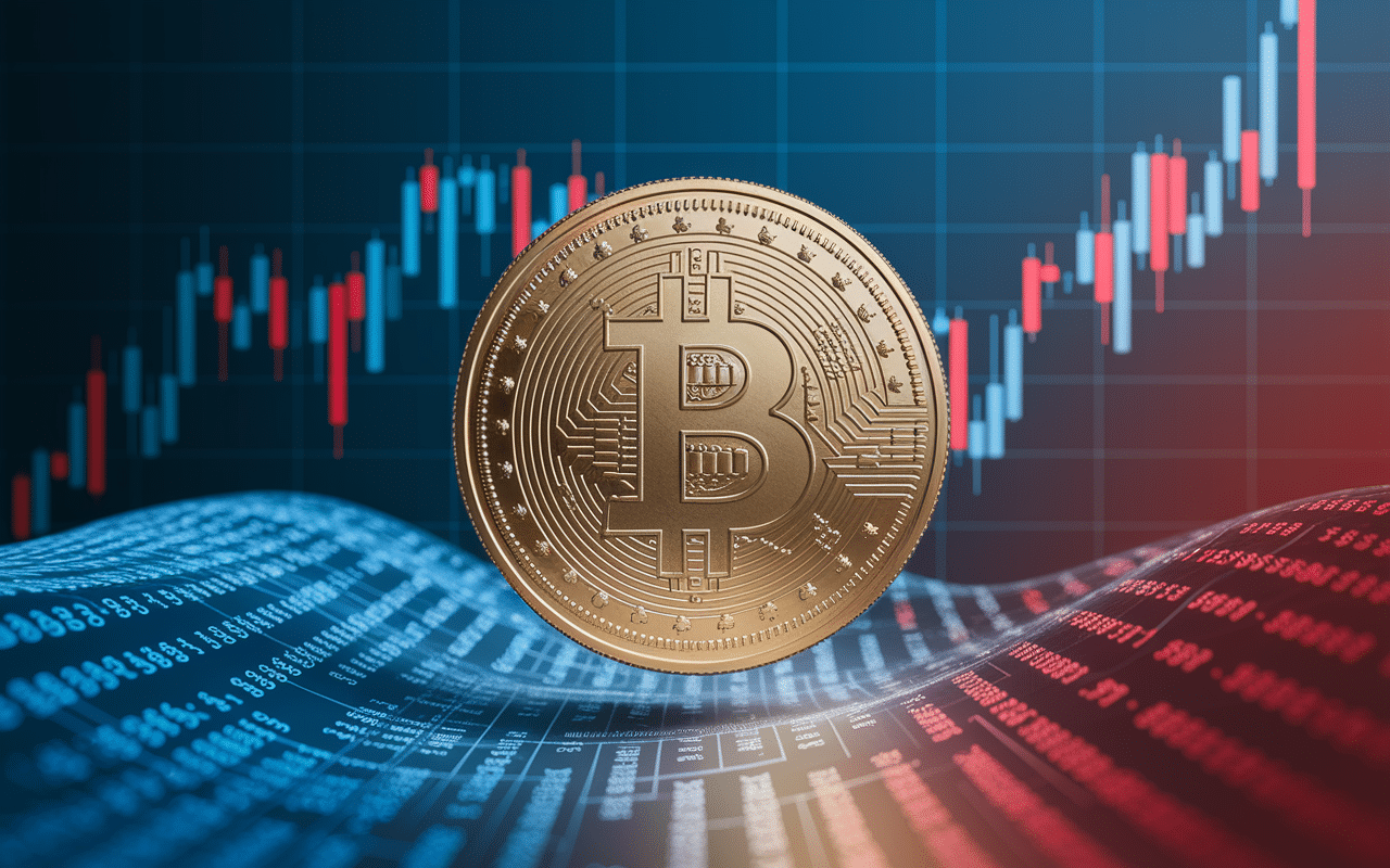 Pièce crypto dorée et graphiques boursiers