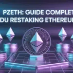 Jeton pzETH 3D brillant sur fond blockchain bleu