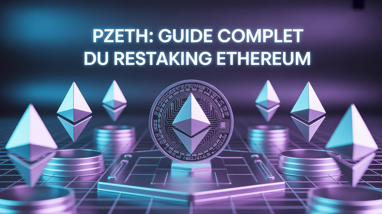 Jeton pzETH 3D brillant sur fond blockchain bleu