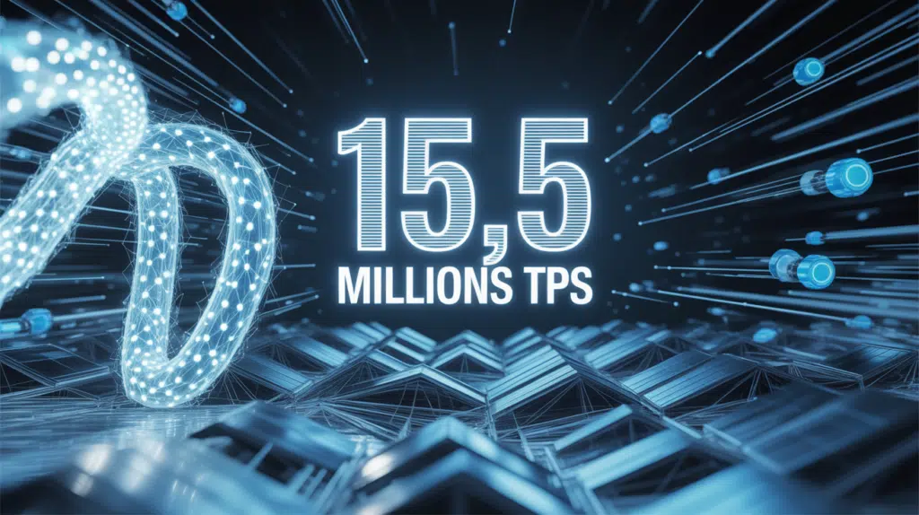 Réseau blockchain Qubic avec nœuds lumineux et vitesse 15,5M TPS