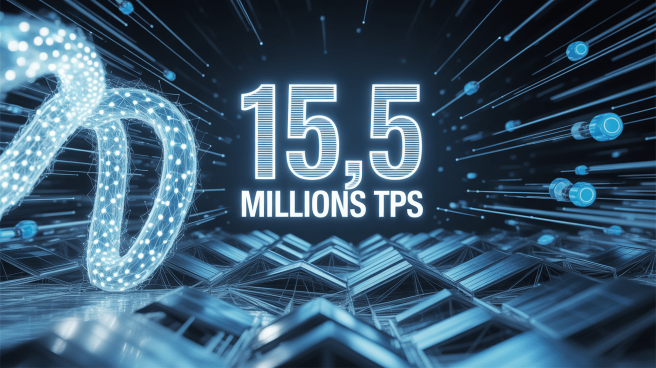 Réseau blockchain Qubic avec nœuds lumineux et vitesse 15,5M TPS