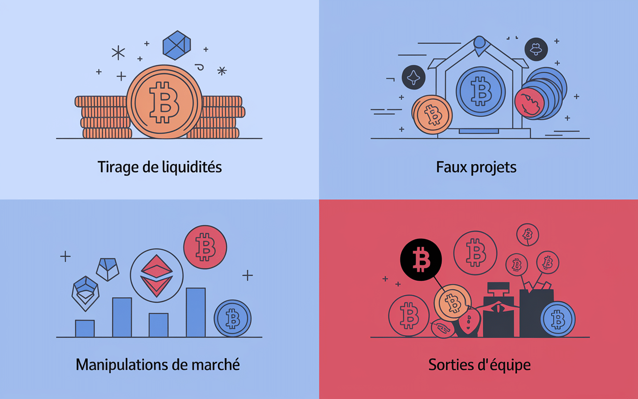 Rug pull - infographie des 4 types d'arnaques crypto