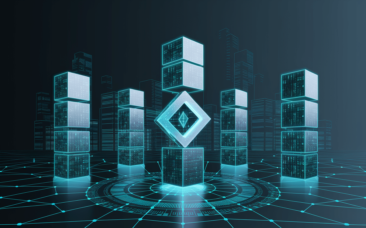 Blockchain Sui crypto avec blocs lumineux et sablier digital