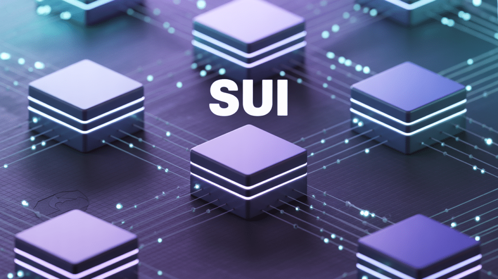 Blockchain Sui crypto avec blocs lumineux interconnectés