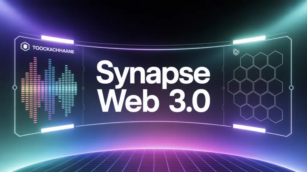 Interface futuriste Synapse Web 3.0 avec ondes sonores et blockchain