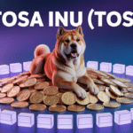 Chien Tosa Inu sur pièces crypto, blockchain en arrière-plan