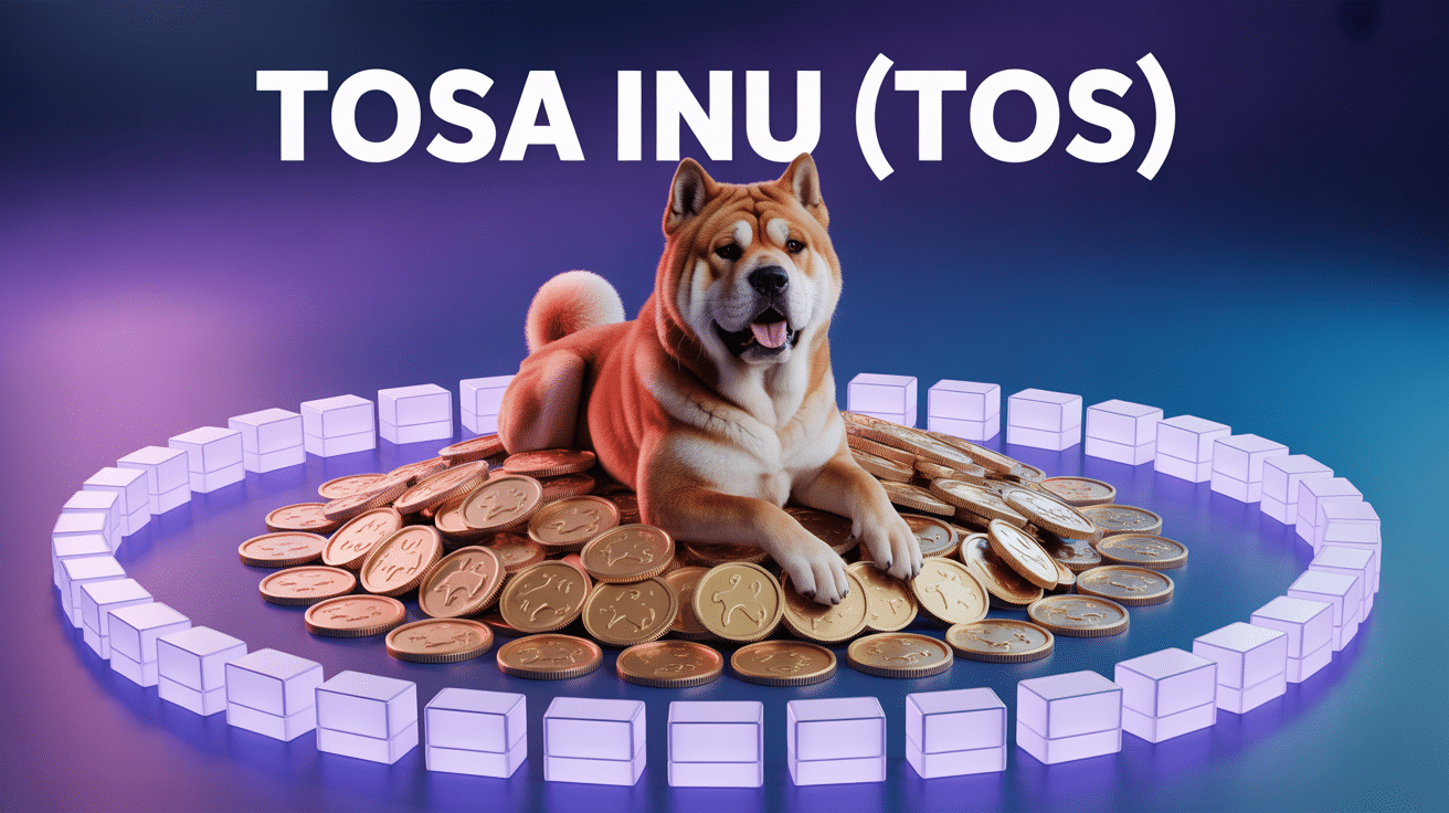 Chien Tosa Inu sur pièces crypto, blockchain en arrière-plan